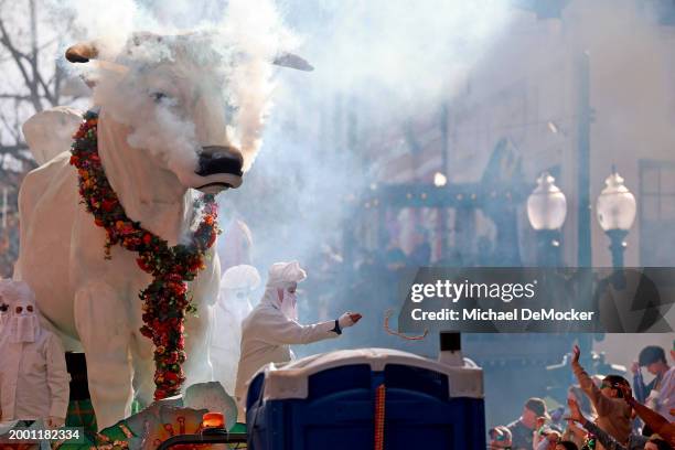 The Boeuf Gras float rolls down St. Charles Avenue on Mardi Gras Day as the 440 riders of Rex, King of Carnival, present their 29-float parade...