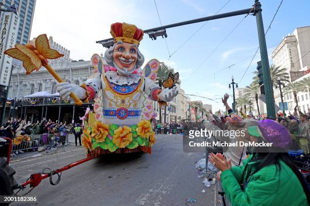The signature Butterfly Float turns onto Canal Street on Mardi Gras Day as the 440 riders of Rex, King of Carnival, present their 29-float parade...