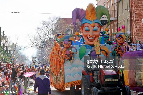 The Jester float rolls down St. Charles Avenue on Mardi Gras Day as the 440 riders of Rex, King of Carnival, present their 29-float parade entitled...