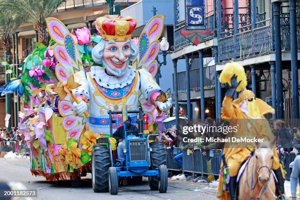 The signature Butterfly Float rolls down St. Charles Avenue on Mardi Gras Day as the 440 riders of Rex, King of Carnival, present their 29-float...