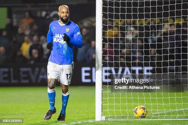 David McGoldrick of Notts County celebrates scoring during the Sky Bet League Two match between Newport County and Notts County at Rodney Parade on...