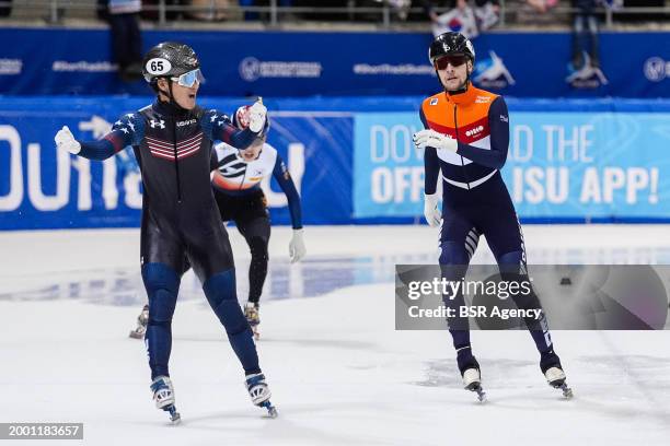 Friso Emons of The Netherlands looks dejected, Andrew Heo of USA celebrating competing on the Mixed Team Relay during the ISU World Cup Short Track...