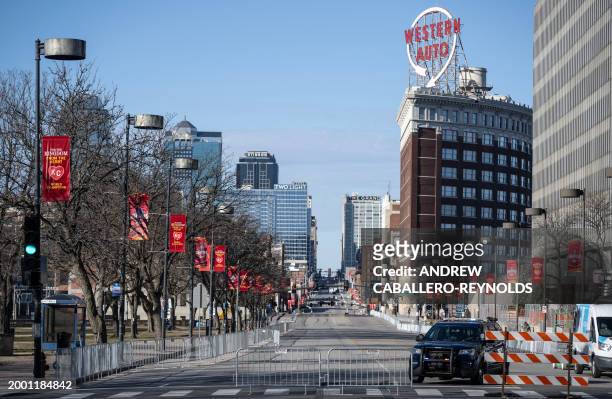 Barricades and police block off a route the day before a parade celebrating the Super Bowl LVIII win of the Kansas City Chiefs at Union Station in...
