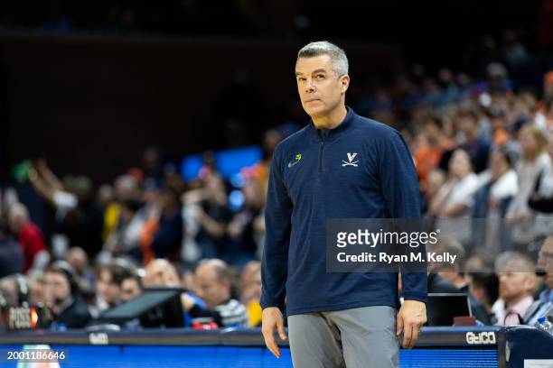 Head coach Tony Bennett of the Virginia Cavaliers looks on during play in the second half against the Pittsburgh Panthers at John Paul Jones Arena on...