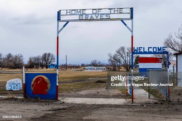 Entrance to the football field at the Owyhee Combined School, whose campus is currently sitting on top of a carcinogenic hydrocarbon plume within the...