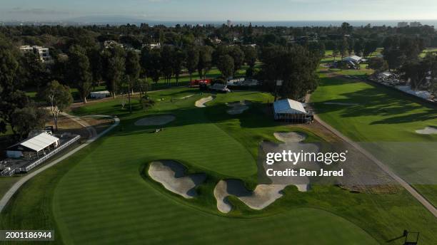 An aerial view of the 10th hole is seen before The Genesis Invitational at Riviera Country Club on February 13, 2024 in Pacific Palisades, California.