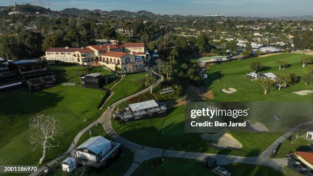 An aerial view of the 18th green is seen before The Genesis Invitational at Riviera Country Club on February 13, 2024 in Pacific Palisades,...