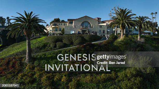 An aerial view of the 18th green is seen before The Genesis Invitational at Riviera Country Club on February 13, 2024 in Pacific Palisades,...