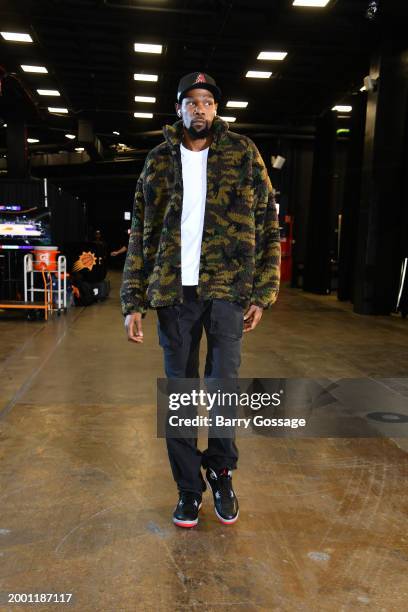 Kevin Durant of the Phoenix Suns arrives to the arena before the game against the Sacramento Kings on February 13, 2024 at Footprint Center in...