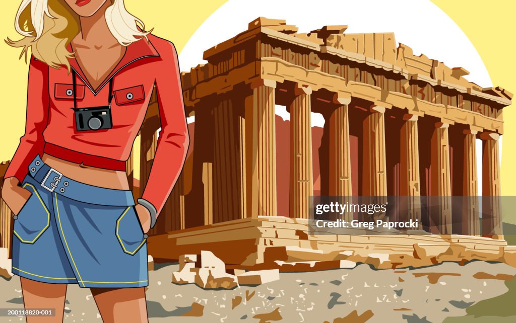 Greece, Athens, young woman standing in front of the Parthenon