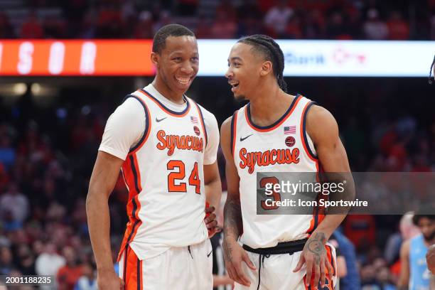Syracuse Orange Guard Quadir Copeland and Syracuse Orange Guard Jodah Mintz at a break during the second half of the College Basketball game between...