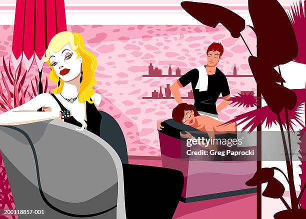 ilustrações, clipart, desenhos animados e ícones de woman sitting in spa while man gives woman massage - mesa de massagem