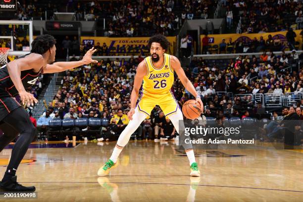 Spencer Dinwiddie of the Los Angeles Lakers dribbles the ball during the game against the Detroit Pistons on February 13, 2024 at Crypto.Com Arena in...