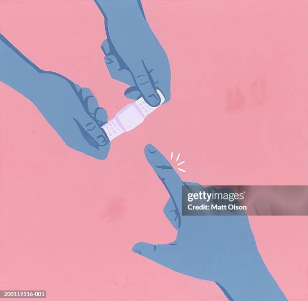 person putting adhesive bandage on injured finger - unknown gender stock illustrations