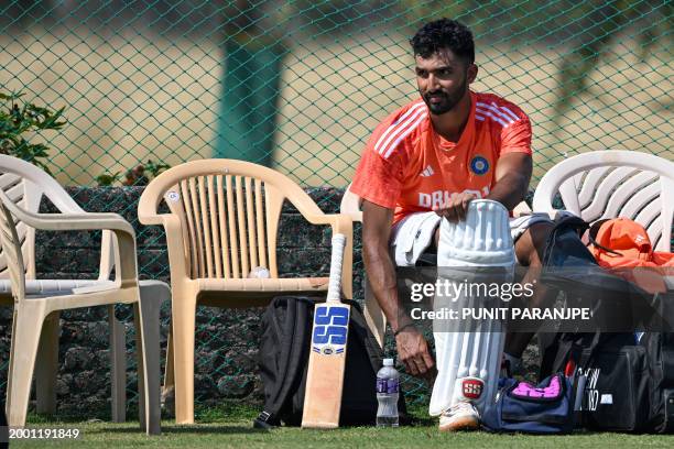 India's Devdutt Padikkal prepares to bat at the nets during a practice session at the Saurashtra Cricket Association Stadium in Rajkot on February 14...