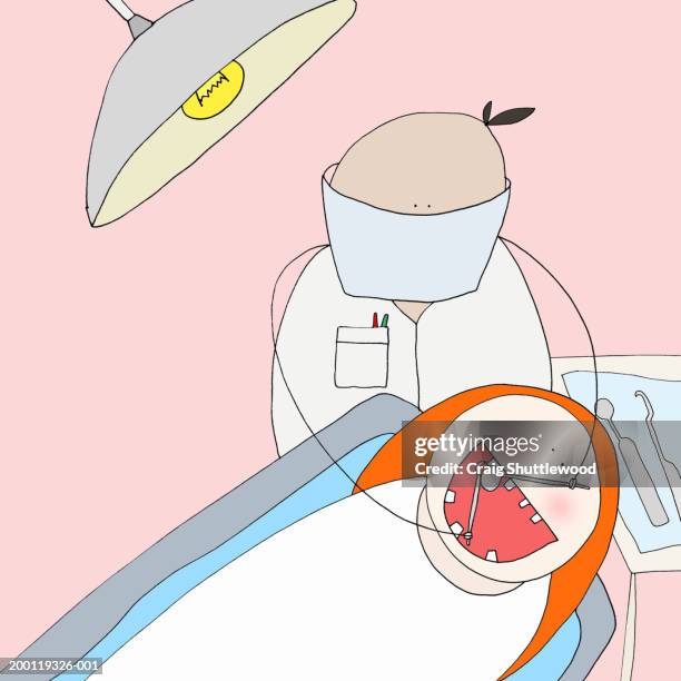 dentist examining woman's teeth - patient lying on back stock illustrations
