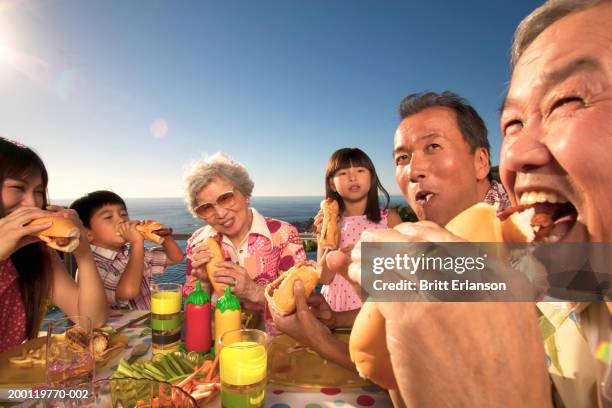 three generational family eating hotdogs outdoors - réunion de famille photos et images de collection