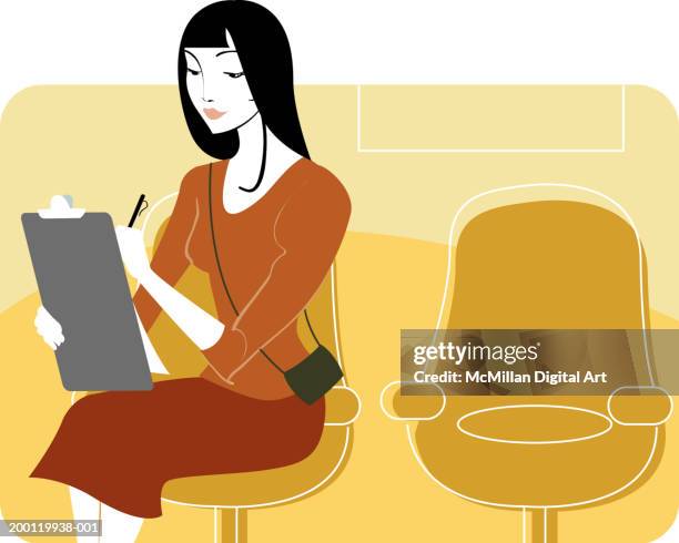 young woman sitting in chair, writing on clipboard - stern form stock illustrations