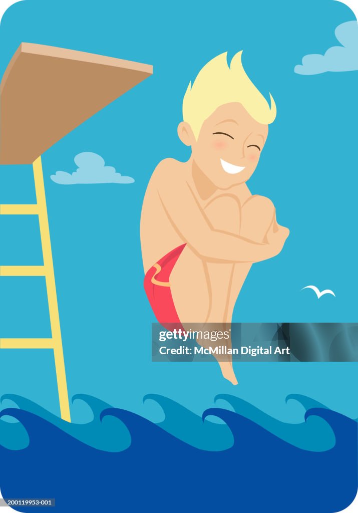 Boy (7-9) doing cannonball of diving board