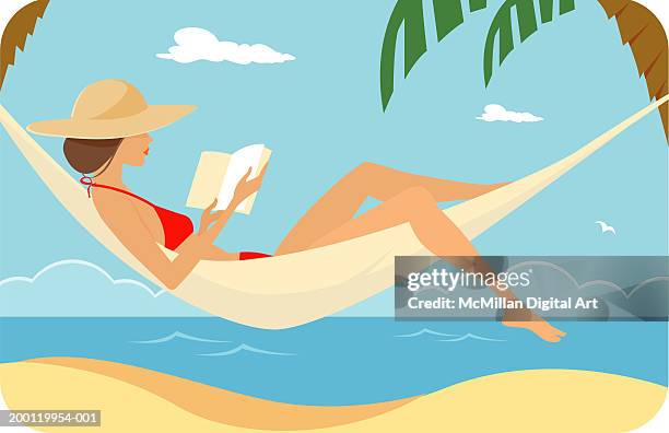 ilustrações de stock, clip art, desenhos animados e ícones de woman in hammock reading, side view - deitado de costas