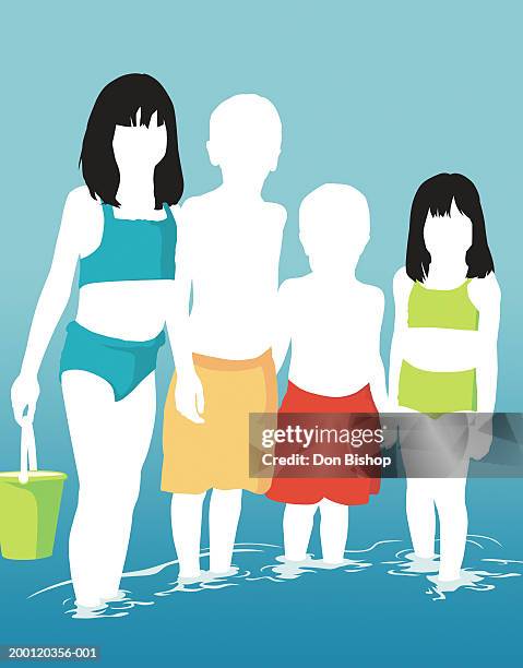 group of kids (4-9) standing in ocean, girl holding bucket - 腰まで水に浸かる点のイラスト素材／クリップアート素材／マンガ素材／アイコン素材