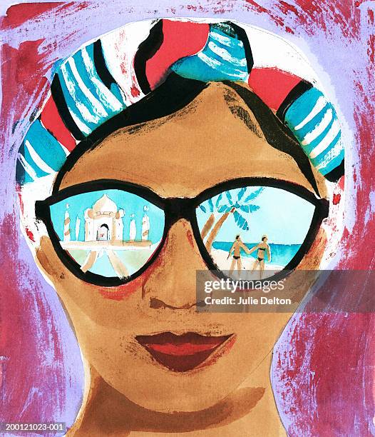 woman wearing sunglasses on vacation - sunglasses reflection stock illustrations