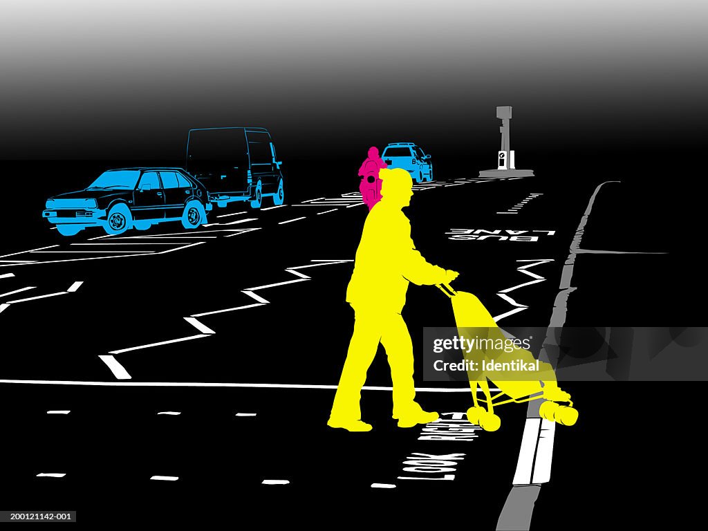 Woman crossing road with child in buggy