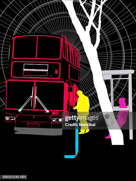 double decker bus at bus stop, person boarding - patient journey stock illustrations