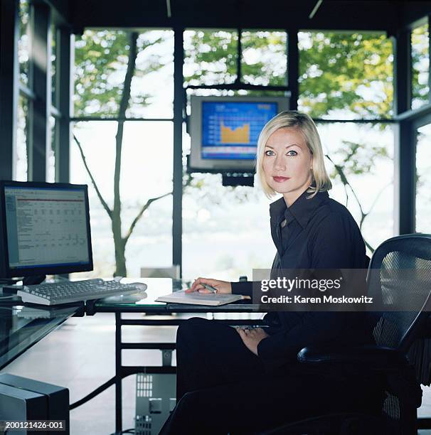 Woman Sitting At Desk Behind Computer In Office Portrait High-Res Stock ...