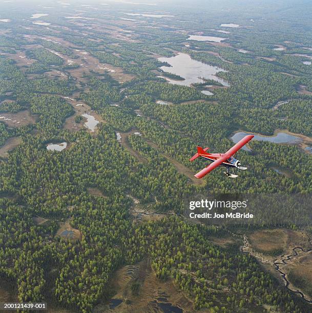 airplane flying over forest, aerial view - propellervliegtuig stockfoto's en -beelden