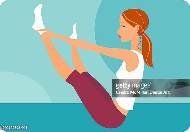 illustrazioni stock, clip art, cartoni animati e icone di tendenza di woman practicing pilates, side view - mèche