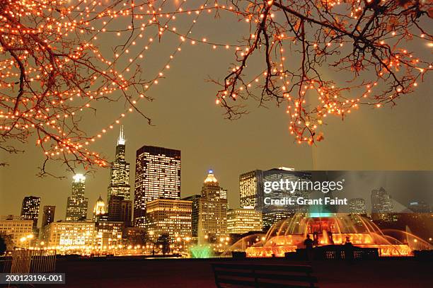 usa, illinois, chicago, skyline and grant park at night - buckingham fountain chicago stock-fotos und bilder