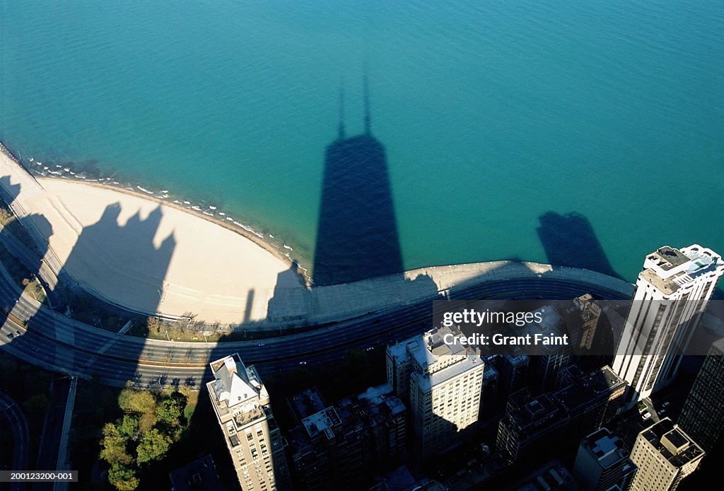 USA, Illinois, Chicago, shadow of John Hancock tower on city and lake