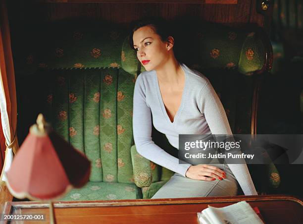 young woman relaxing on train - lampshade skirt stock pictures, royalty-free photos & images