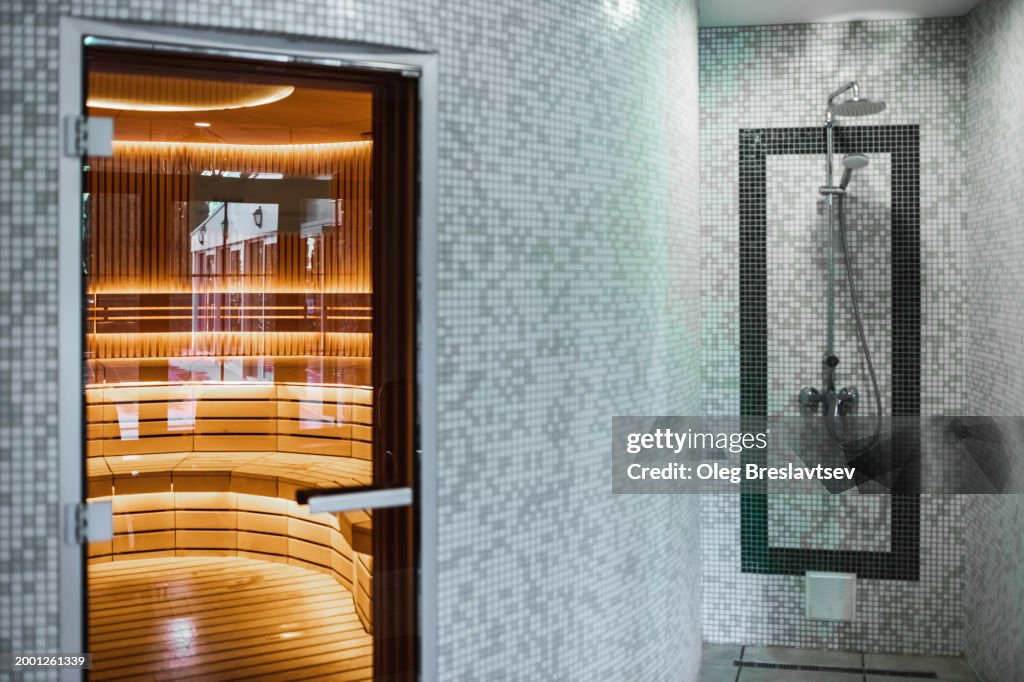 Interior of luxury spa hotel with finnish sauna and outside shower.