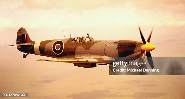 spitfire aircraft in flight (sepia tone) - wwii fighter plane foto e immagini stock