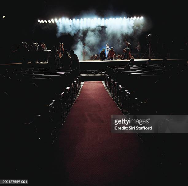 people on stage in empty theater, preparing for event - alfombra roja fotografías e imágenes de stock