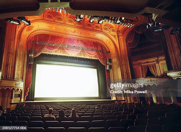 three people sitting in empty theater, rear view - biosalong bildbanksfoton och bilder