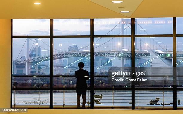 japan, tokyo, man looking at rainbow bridge through window, rear view - businessman distance window ストックフォトと画像