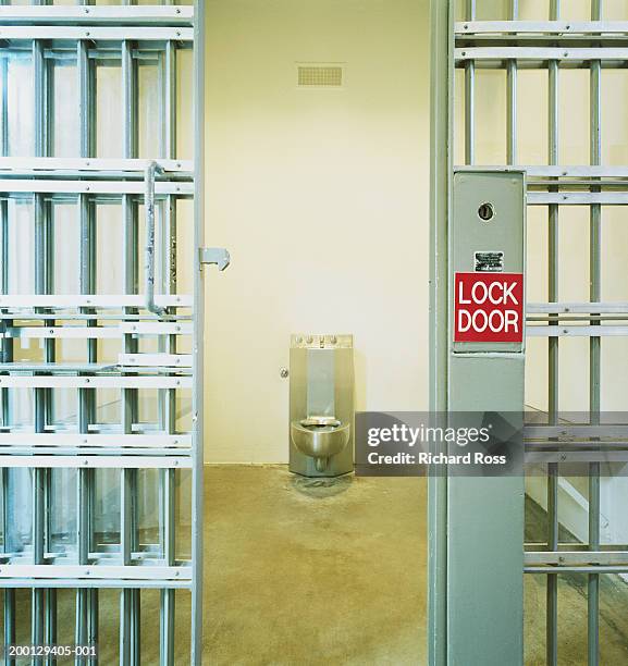 toilet in jail cell, open door in foreground - celda fotografías e imágenes de stock