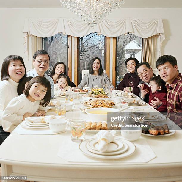 extended family at dinner table, portrait - sitting at table looking at camera stock-fotos und bilder