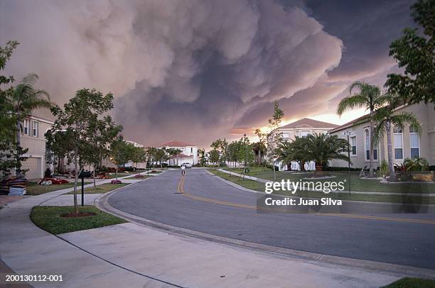 forest fire burning behind community - cul de sac stock-fotos und bilder