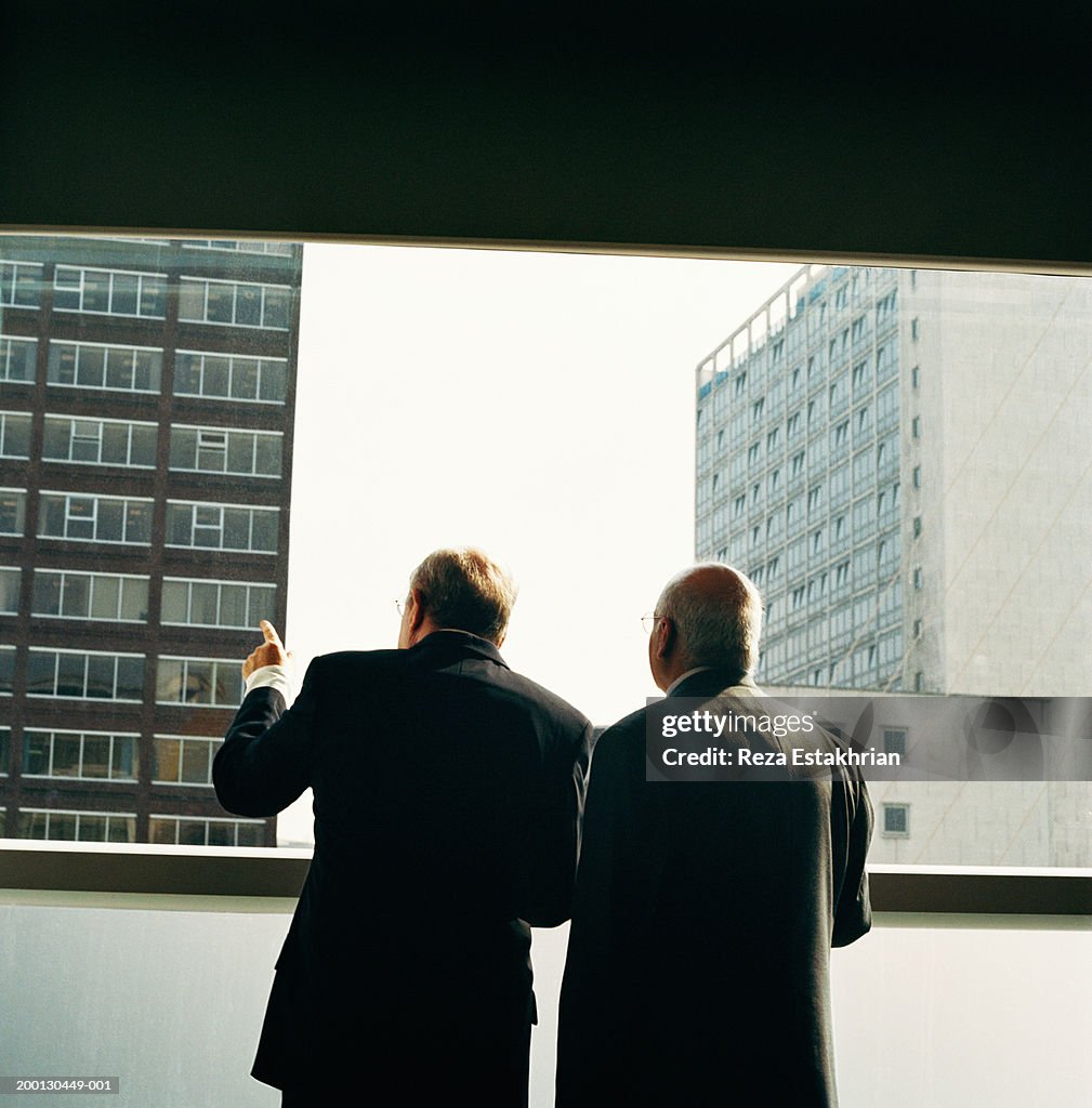 Mature businessmen looking out window, rear view