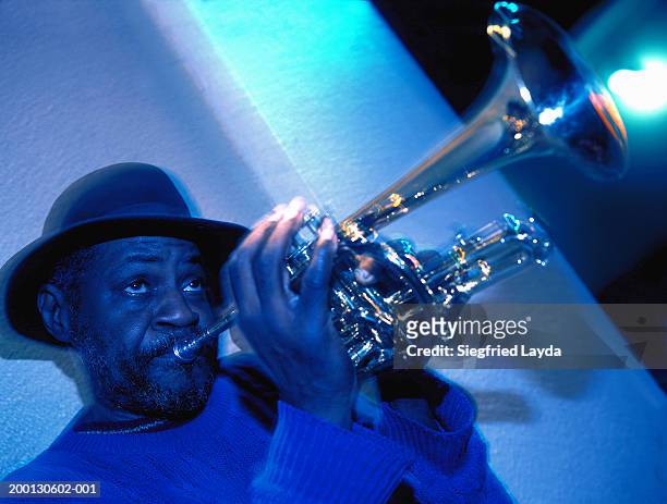 male street musician playing trumpet, night (digital enhancement) - afroamerikansk kultur bildbanksfoton och bilder