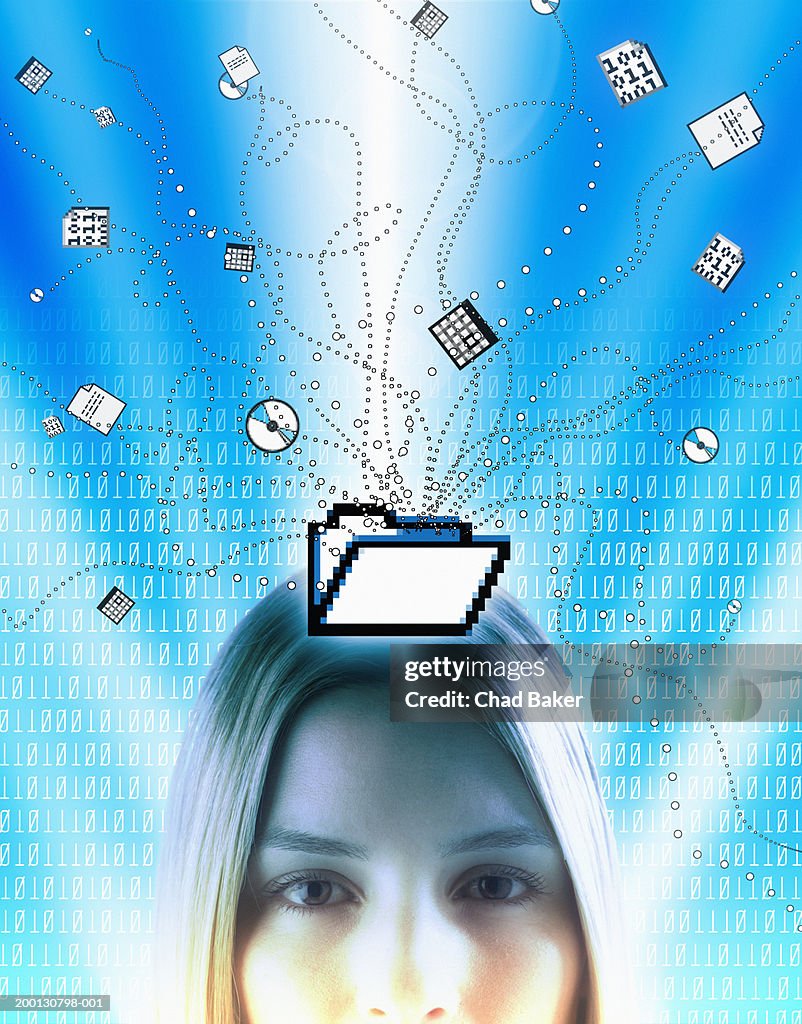 Woman surrounded by  computer icons and binary, portrait