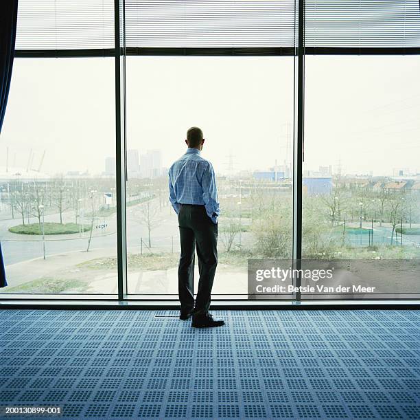 businessman looking out of office window, rear view - big office fotografías e imágenes de stock