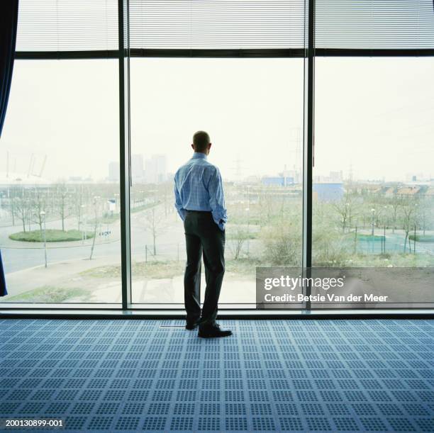 businessman looking out of office window, rear view - big office stock pictures, royalty-free photos & images