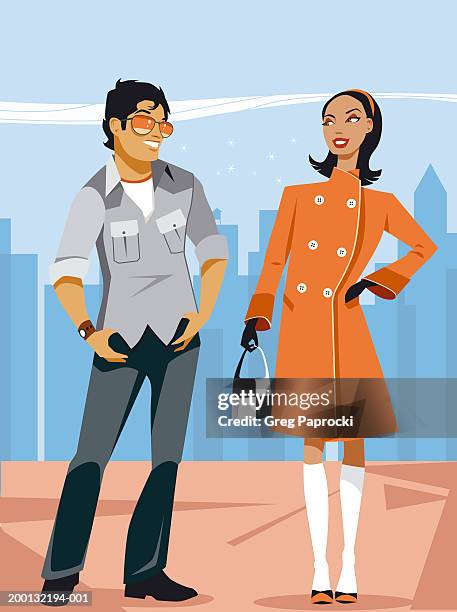 illustrations, cliparts, dessins animés et icônes de man and woman in street looking at one another - dandy