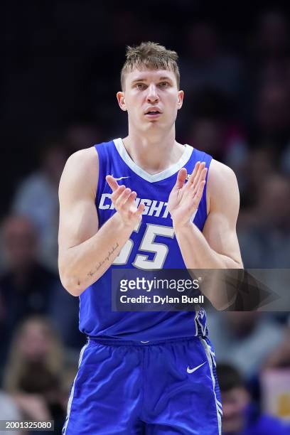 Baylor Scheierman of the Creighton Blue Jays reacts in the second half against the Xavier Musketeers at the Cintas Center on February 10, 2024 in...