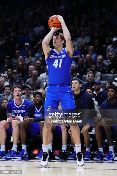 Isaac Traudt of the Creighton Blue Jays attempts a shot in the second half against the Xavier Musketeers at the Cintas Center on February 10, 2024 in...